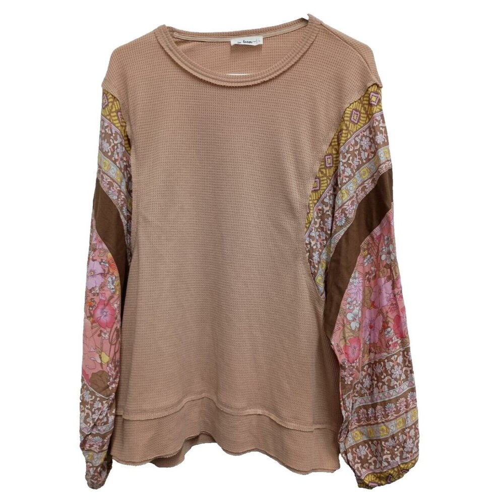 In Loom Womens BOHO Thermal Tunic Top Large Beige Floral Sleeve Oversized